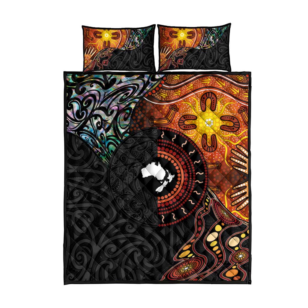 New Zealand and Australia Together Quilt Bed Set Maori Tattoo Paua Shell mix Aboriginal Pattern
