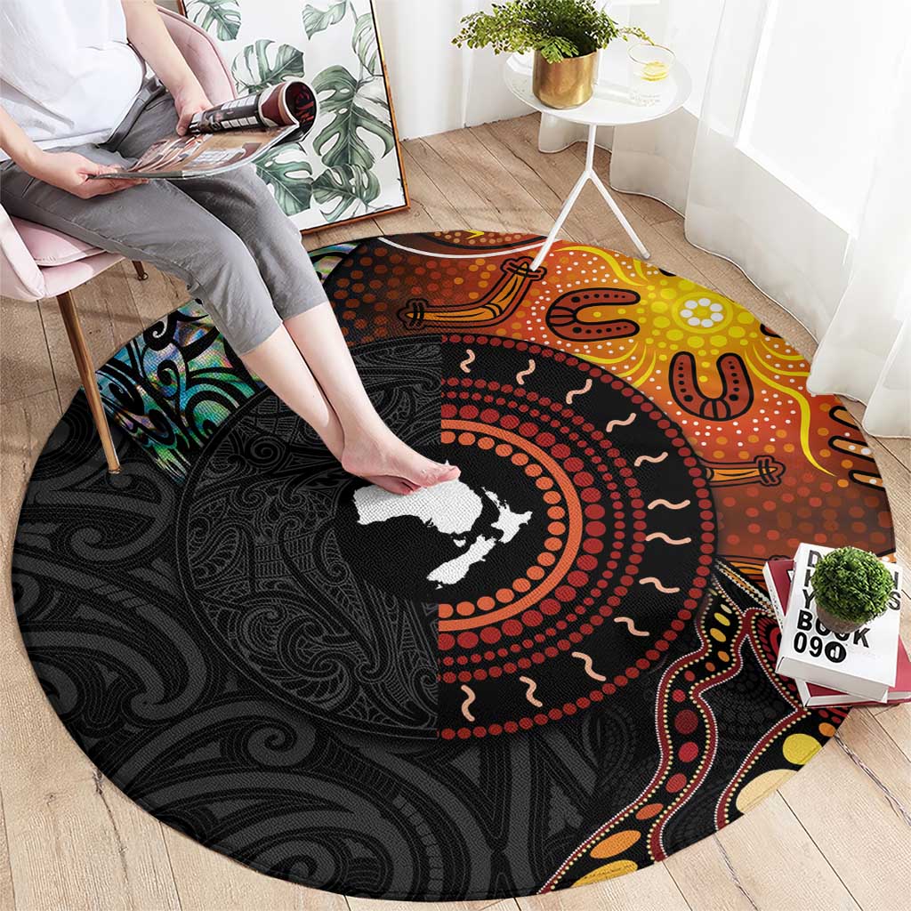 New Zealand and Australia Together Round Carpet Maori Tattoo Paua Shell mix Aboriginal Pattern