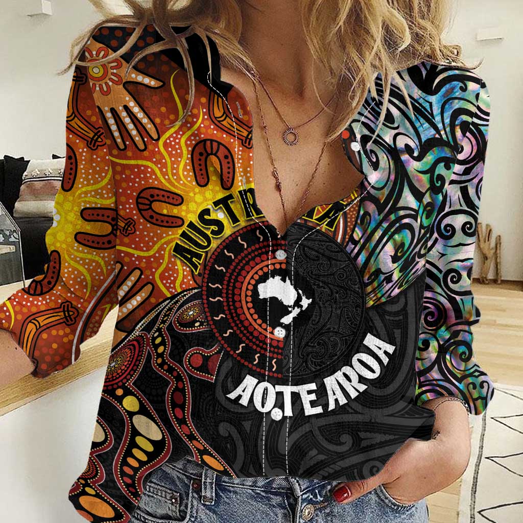 New Zealand and Australia Together Women Casual Shirt Maori Tattoo Paua Shell mix Aboriginal Pattern LT03 Female Black - Polynesian Pride
