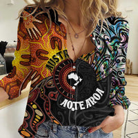 New Zealand and Australia Together Women Casual Shirt Maori Tattoo Paua Shell mix Aboriginal Pattern LT03 Female Black - Polynesian Pride