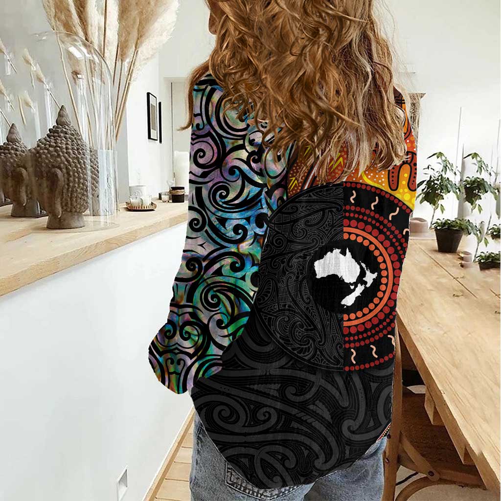 New Zealand and Australia Together Women Casual Shirt Maori Tattoo Paua Shell mix Aboriginal Pattern LT03 - Polynesian Pride