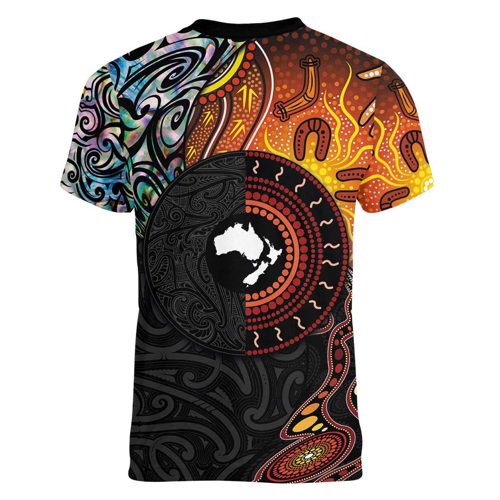 New Zealand and Australia Together Women V-Neck T-Shirt Maori Tattoo Paua Shell mix Aboriginal Pattern LT03 - Polynesian Pride
