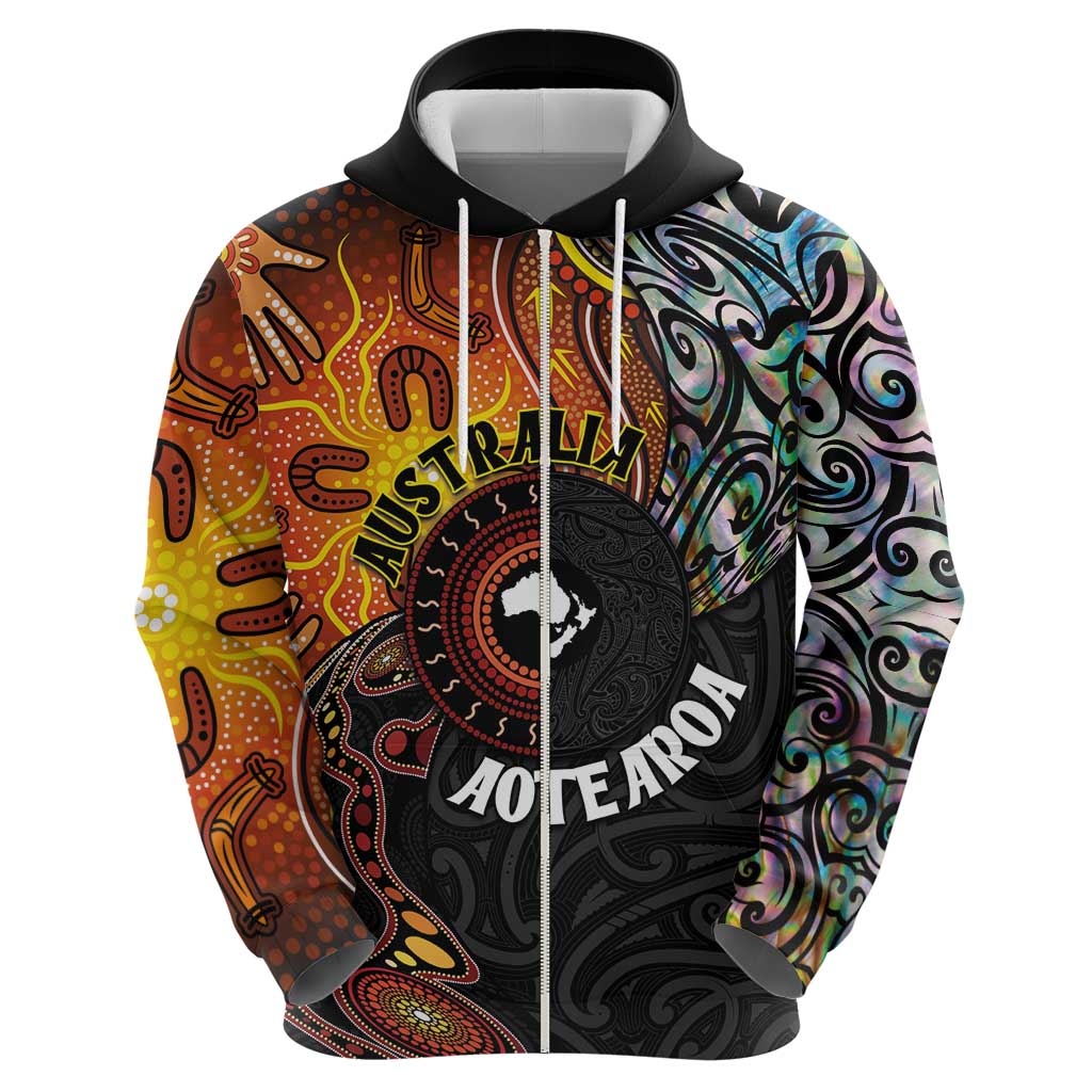 New Zealand and Australia Together Zip Hoodie Maori Tattoo Paua Shell mix Aboriginal Pattern