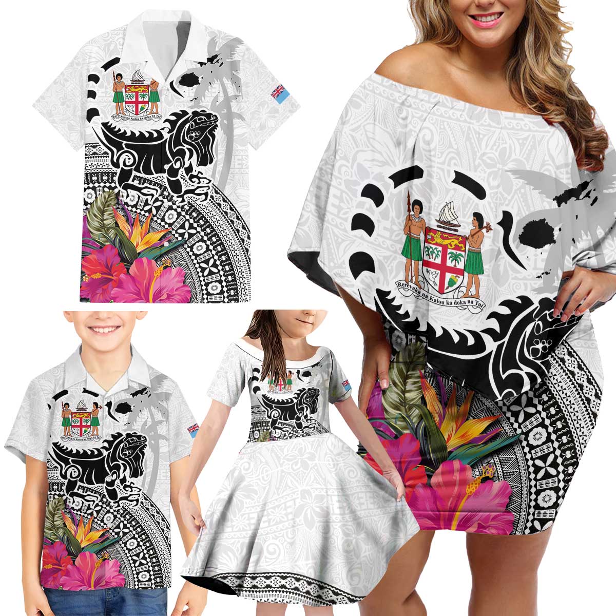 Fiji Iguana Family Matching Off Shoulder Short Dress and Hawaiian Shirt Tapa Tribal Tattoo and Hibiscus