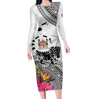 Fiji Iguana Long Sleeve Bodycon Dress Tapa Tribal Tattoo and Hibiscus