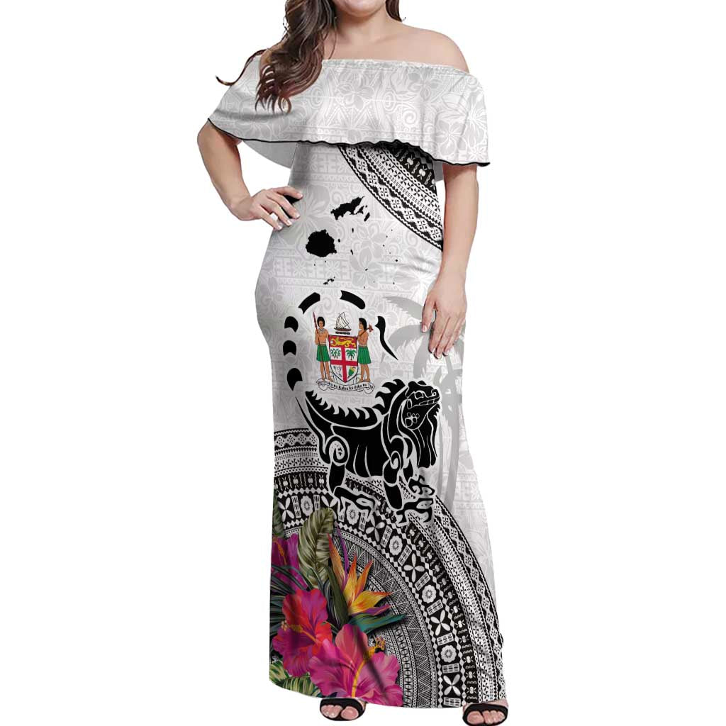 Fiji Iguana Off Shoulder Maxi Dress Tapa Tribal Tattoo and Hibiscus