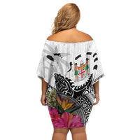 Fiji Iguana Off Shoulder Short Dress Tapa Tribal Tattoo and Hibiscus