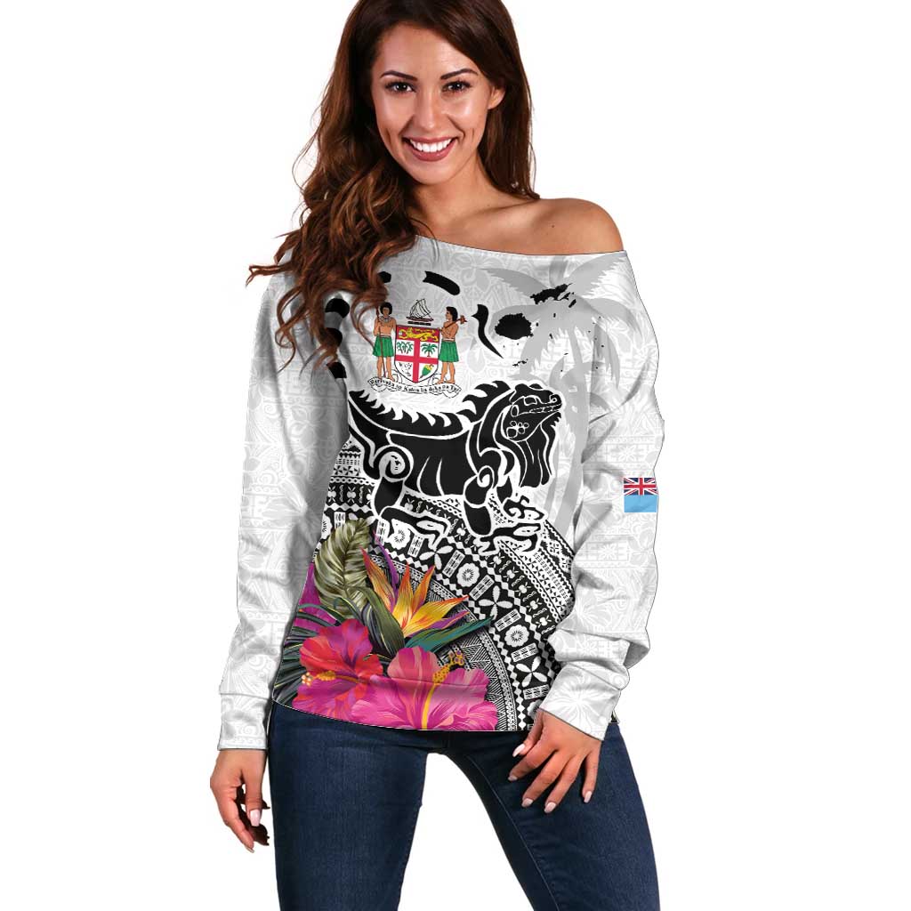 Fiji Iguana Off Shoulder Sweater Tapa Tribal Tattoo and Hibiscus