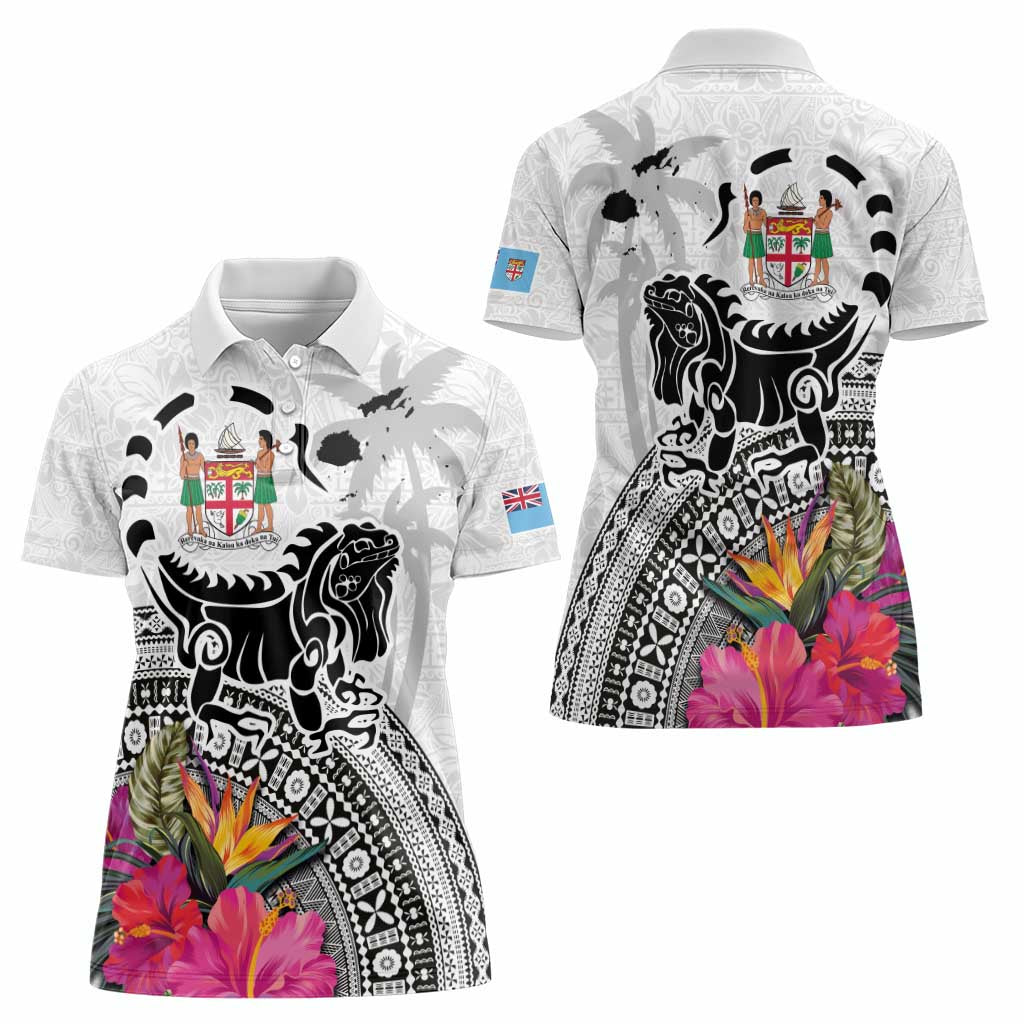 Fiji Iguana Women Polo Shirt Tapa Tribal Tattoo and Hibiscus