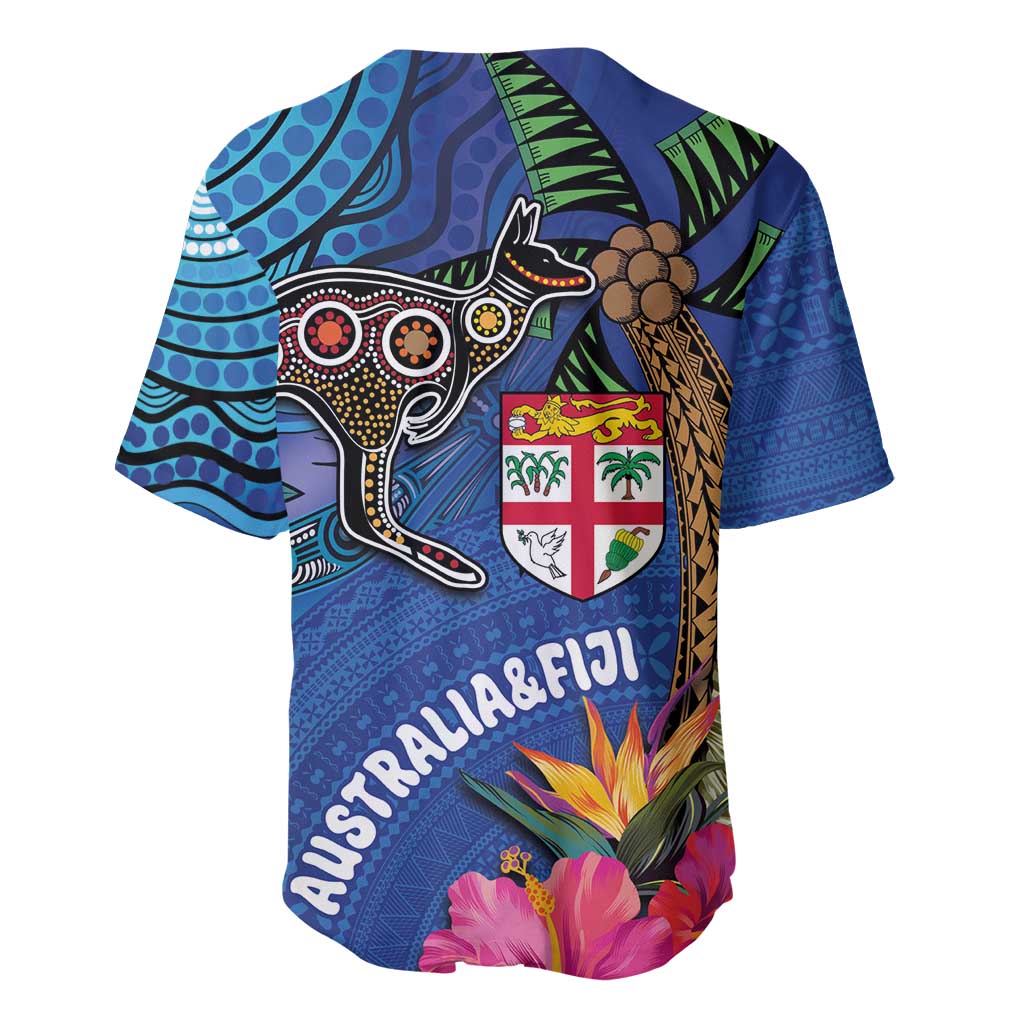 Fiji and Australia Together Baseball Jersey Aboriginal Kangaroo and Tapa Tribal Hibiscus