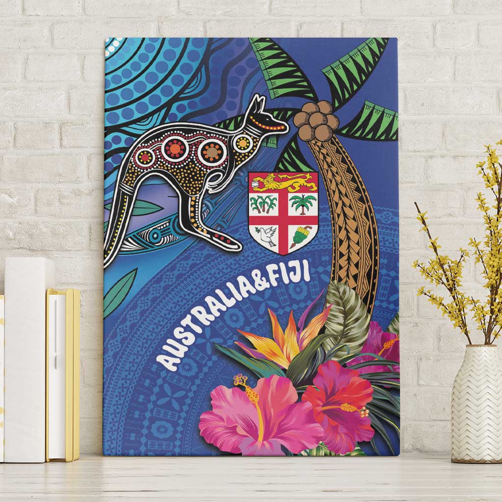 Fiji and Australia Together Canvas Wall Art Aboriginal Kangaroo and Tapa Tribal Hibiscus