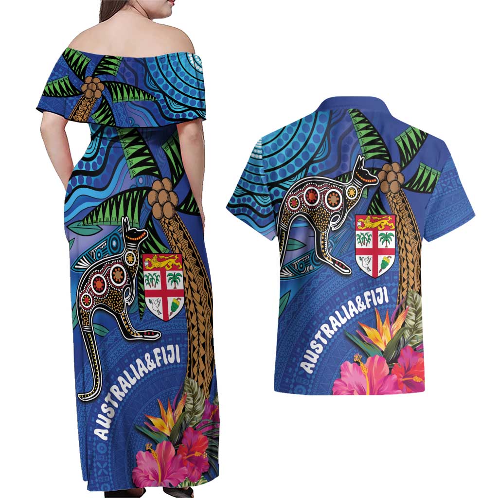 Fiji and Australia Together Couples Matching Off Shoulder Maxi Dress and Hawaiian Shirt Aboriginal Kangaroo and Tapa Tribal Hibiscus