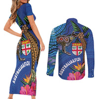 Fiji and Australia Together Couples Matching Short Sleeve Bodycon Dress and Long Sleeve Button Shirt Aboriginal Kangaroo and Tapa Tribal Hibiscus