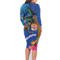 Fiji and Australia Together Family Matching Long Sleeve Bodycon Dress and Hawaiian Shirt Aboriginal Kangaroo and Tapa Tribal Hibiscus