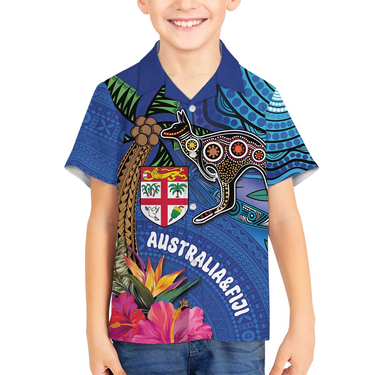 Fiji and Australia Together Family Matching Off The Shoulder Long Sleeve Dress and Hawaiian Shirt Aboriginal Kangaroo and Tapa Tribal Hibiscus