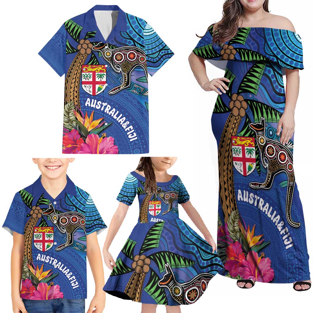 Fiji and Australia Together Family Matching Off Shoulder Maxi Dress and Hawaiian Shirt Aboriginal Kangaroo and Tapa Tribal Hibiscus