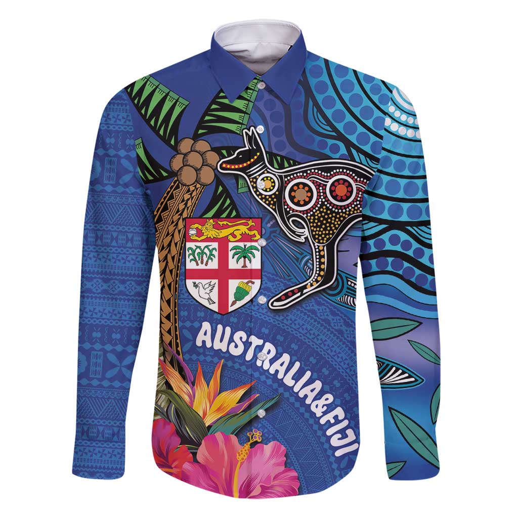 Fiji and Australia Together Family Matching Tank Maxi Dress and Hawaiian Shirt Aboriginal Kangaroo and Tapa Tribal Hibiscus