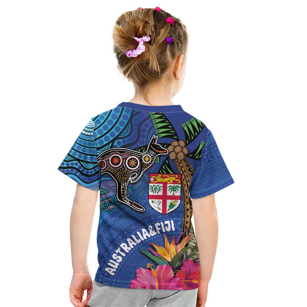 Fiji and Australia Together Kid T Shirt Aboriginal Kangaroo and Tapa Tribal Hibiscus