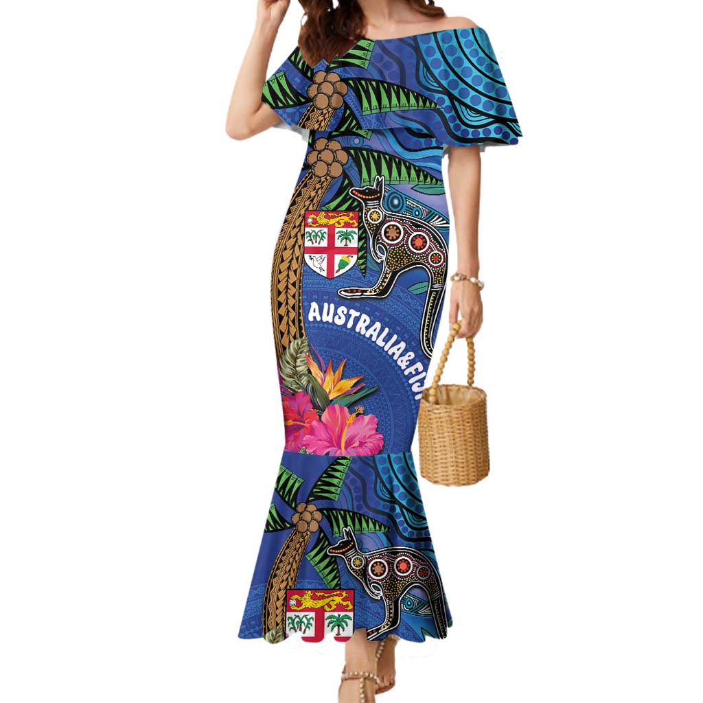 Fiji and Australia Together Mermaid Dress Aboriginal Kangaroo and Tapa Tribal Hibiscus