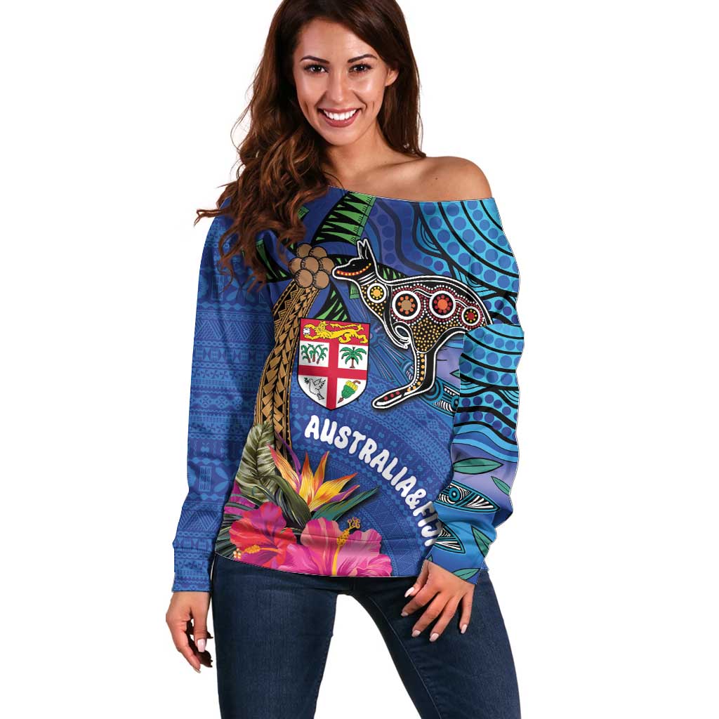 Fiji and Australia Together Off Shoulder Sweater Aboriginal Kangaroo and Tapa Tribal Hibiscus