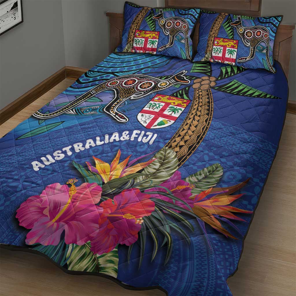 Fiji and Australia Together Quilt Bed Set Aboriginal Kangaroo and Tapa Tribal Hibiscus