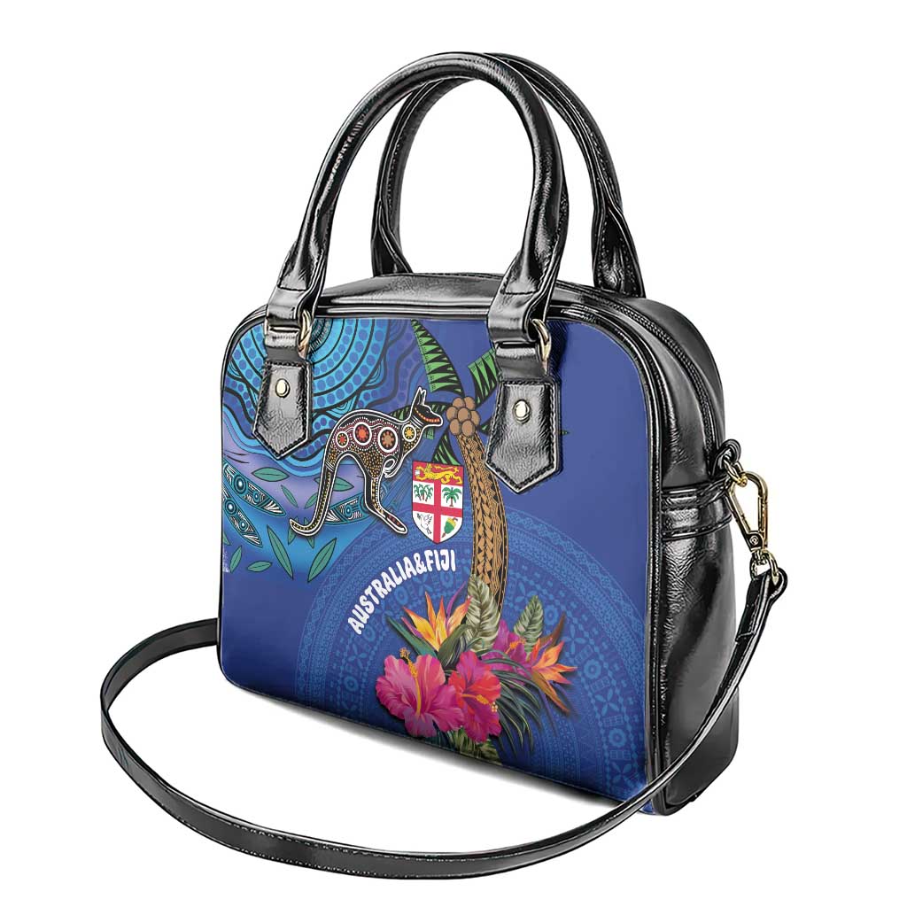 Fiji and Australia Together Shoulder Handbag Aboriginal Kangaroo and Tapa Tribal Hibiscus