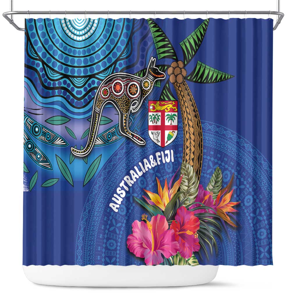 Fiji and Australia Together Shower Curtain Aboriginal Kangaroo and Tapa Tribal Hibiscus