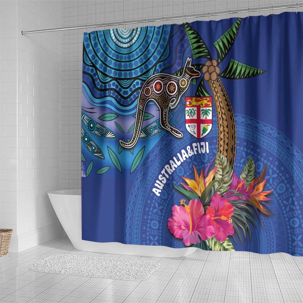 Fiji and Australia Together Shower Curtain Aboriginal Kangaroo and Tapa Tribal Hibiscus