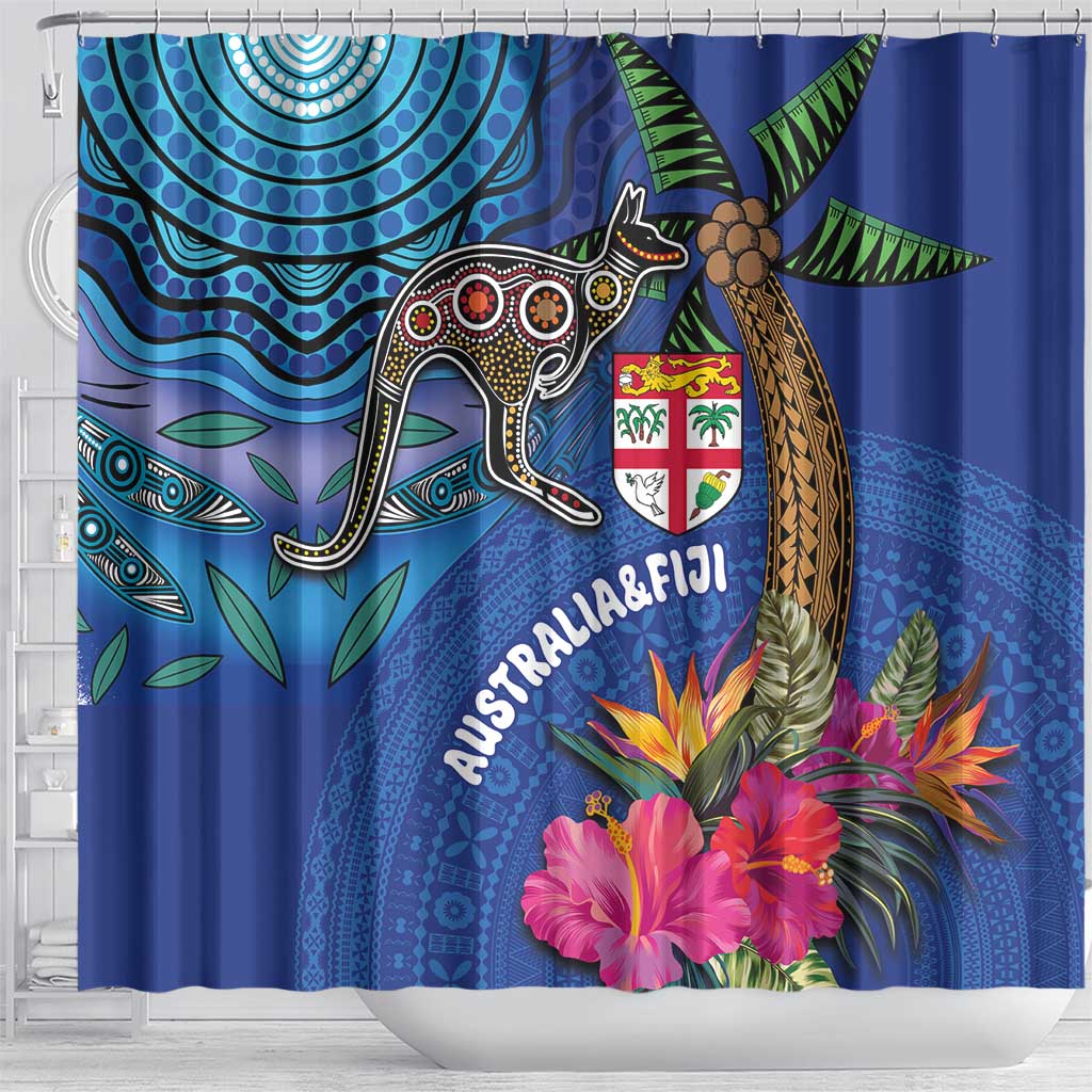 Fiji and Australia Together Shower Curtain Aboriginal Kangaroo and Tapa Tribal Hibiscus