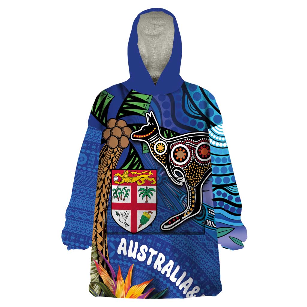 Fiji and Australia Together Wearable Blanket Hoodie Aboriginal Kangaroo and Tapa Tribal Hibiscus