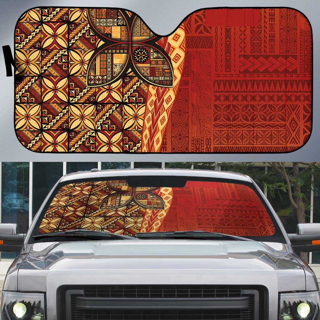 Samoan Pacific Tribal Flower Geometric Art Tattoos Auto Sun Shade Siapo Pattern Flame Sunset - Polynesian Pride