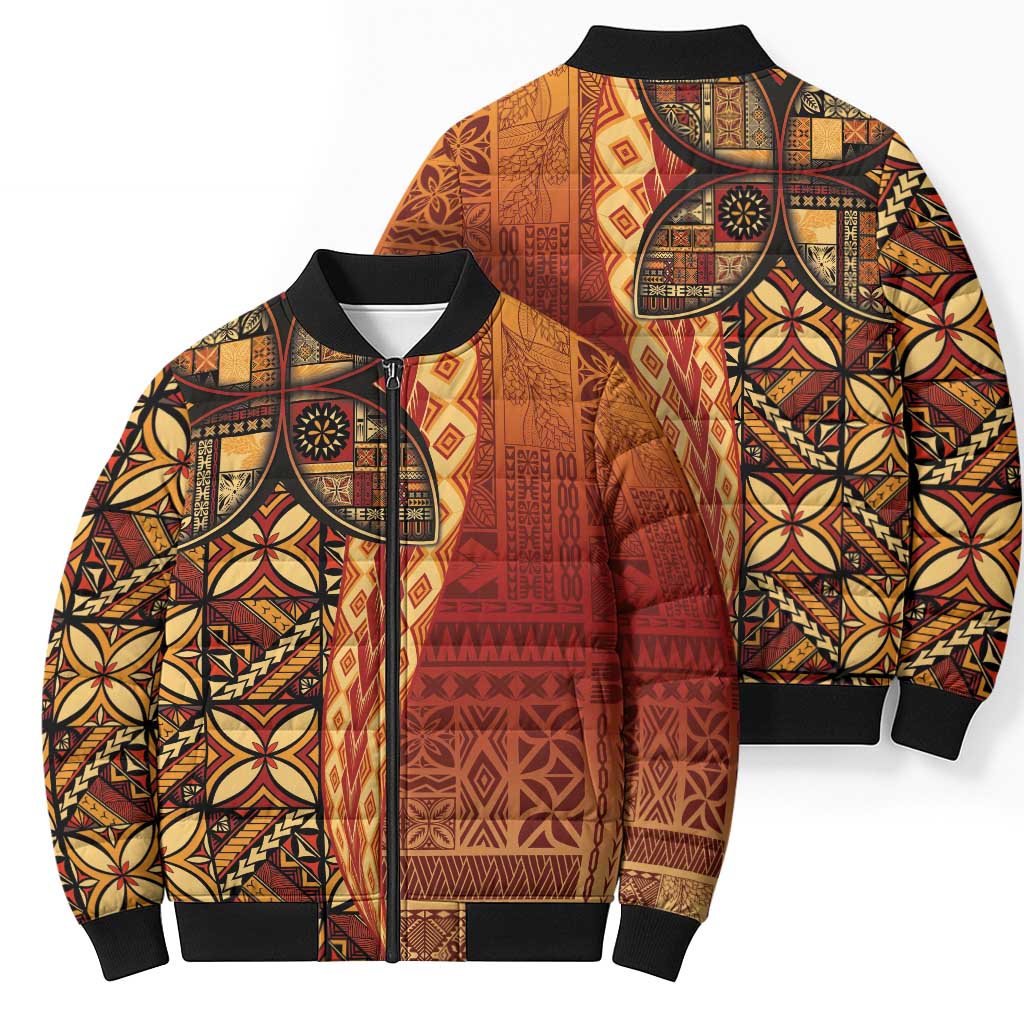 Samoan Pacific Tribal Flower Geometric Art Tattoos Bomber Puffer Jacket Siapo Pattern Flame Sunset - Polynesian Pride