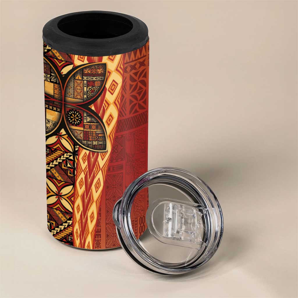 Samoan Pacific Tribal Flower Geometric Art Tattoos 4 in 1 Can Cooler Tumbler Siapo Pattern Flame Sunset - Polynesian Pride