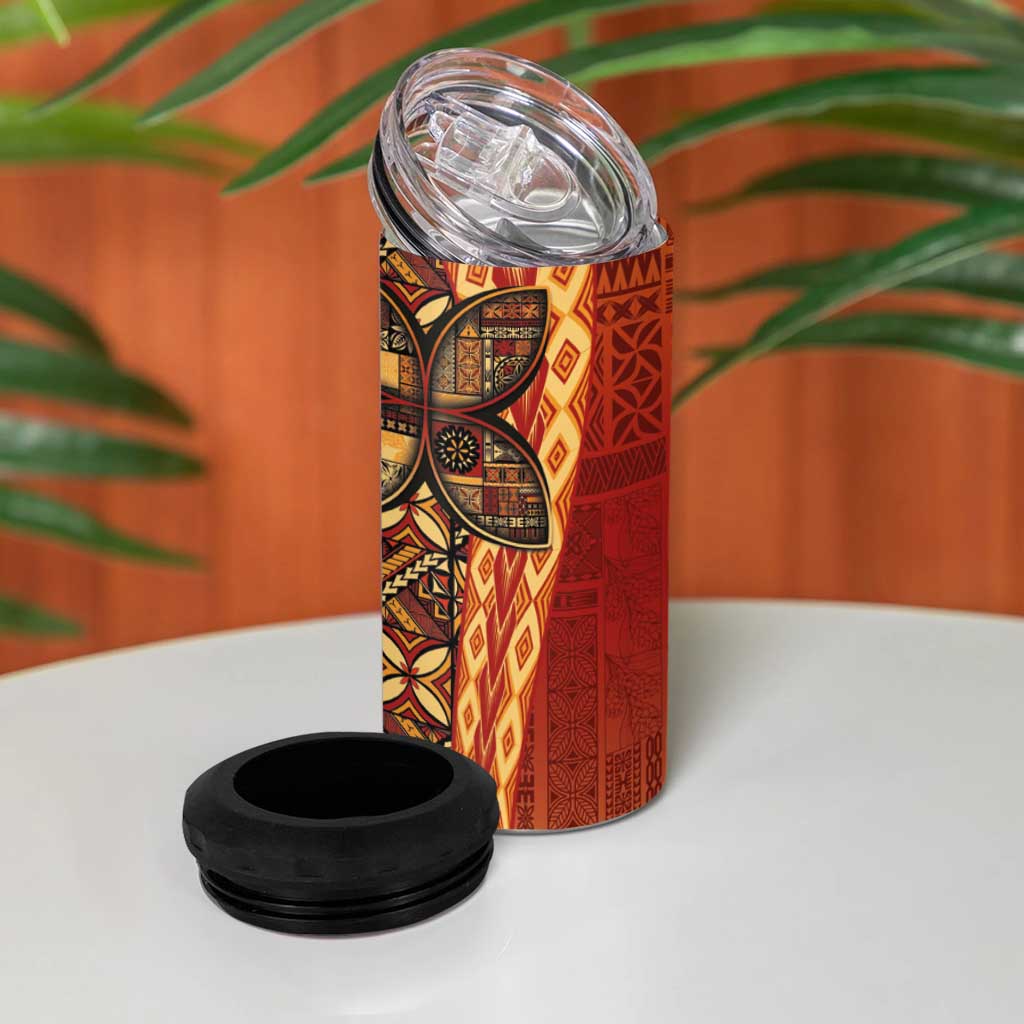 Samoan Pacific Tribal Flower Geometric Art Tattoos 4 in 1 Can Cooler Tumbler Siapo Pattern Flame Sunset - Polynesian Pride