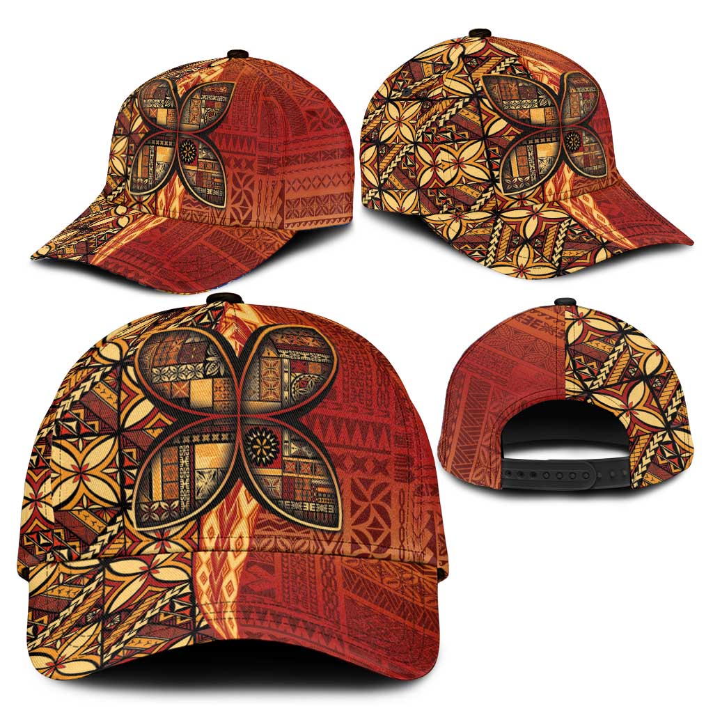 Samoan Pacific Tribal Flower Geometric Art Tattoos Classic Cap Siapo Pattern Flame Sunset - Polynesian Pride