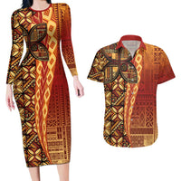 Samoan Pacific Tribal Flower Geometric Art Tattoos Couples Matching Long Sleeve Bodycon Dress and Hawaiian Shirt Siapo Pattern Flame Sunset - Polynesian Pride