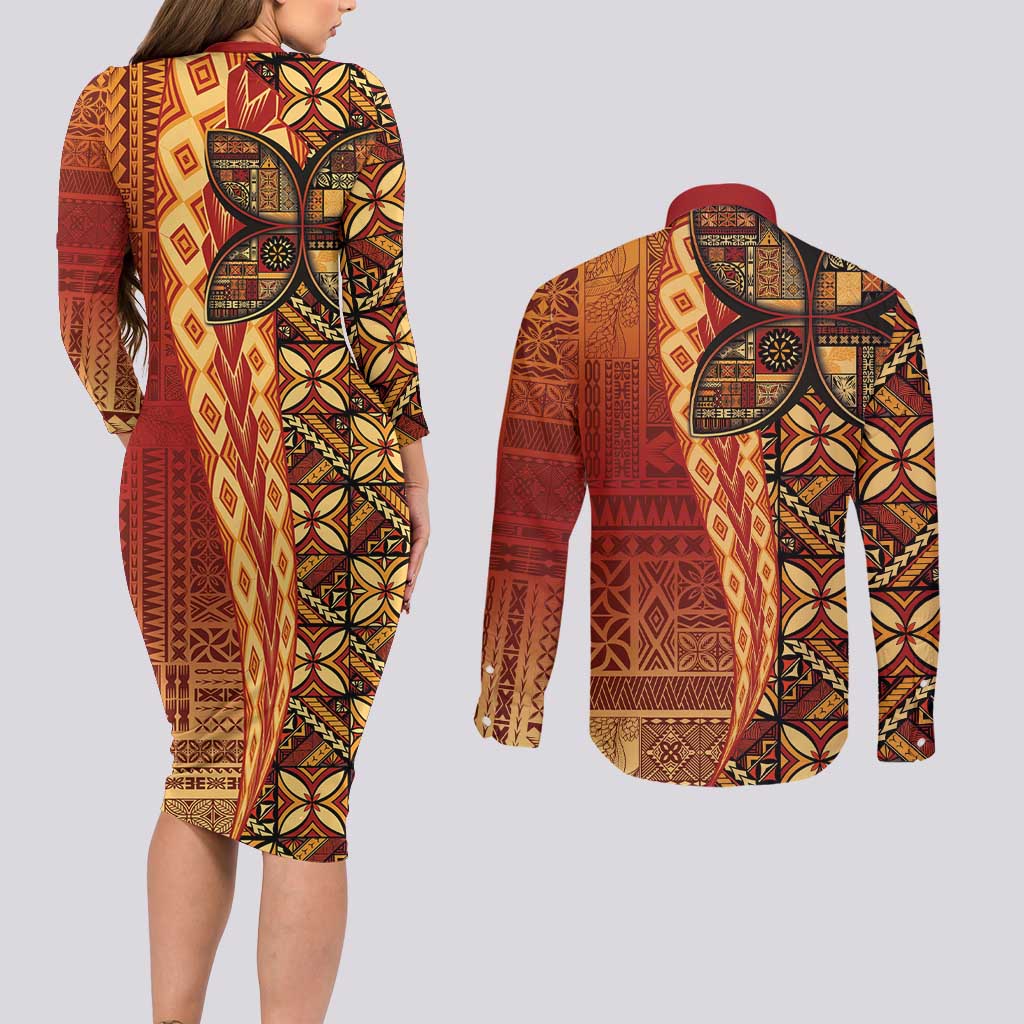 Samoan Pacific Tribal Flower Geometric Art Tattoos Couples Matching Long Sleeve Bodycon Dress and Long Sleeve Button Shirt Siapo Pattern Flame Sunset - Polynesian Pride