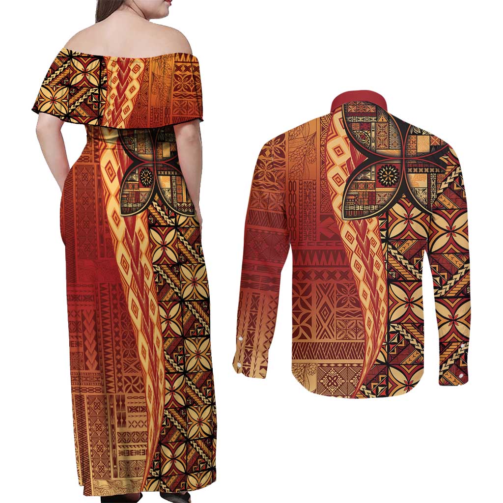 Samoan Pacific Tribal Flower Geometric Art Tattoos Couples Matching Off Shoulder Maxi Dress and Long Sleeve Button Shirt Siapo Pattern Flame Sunset - Polynesian Pride