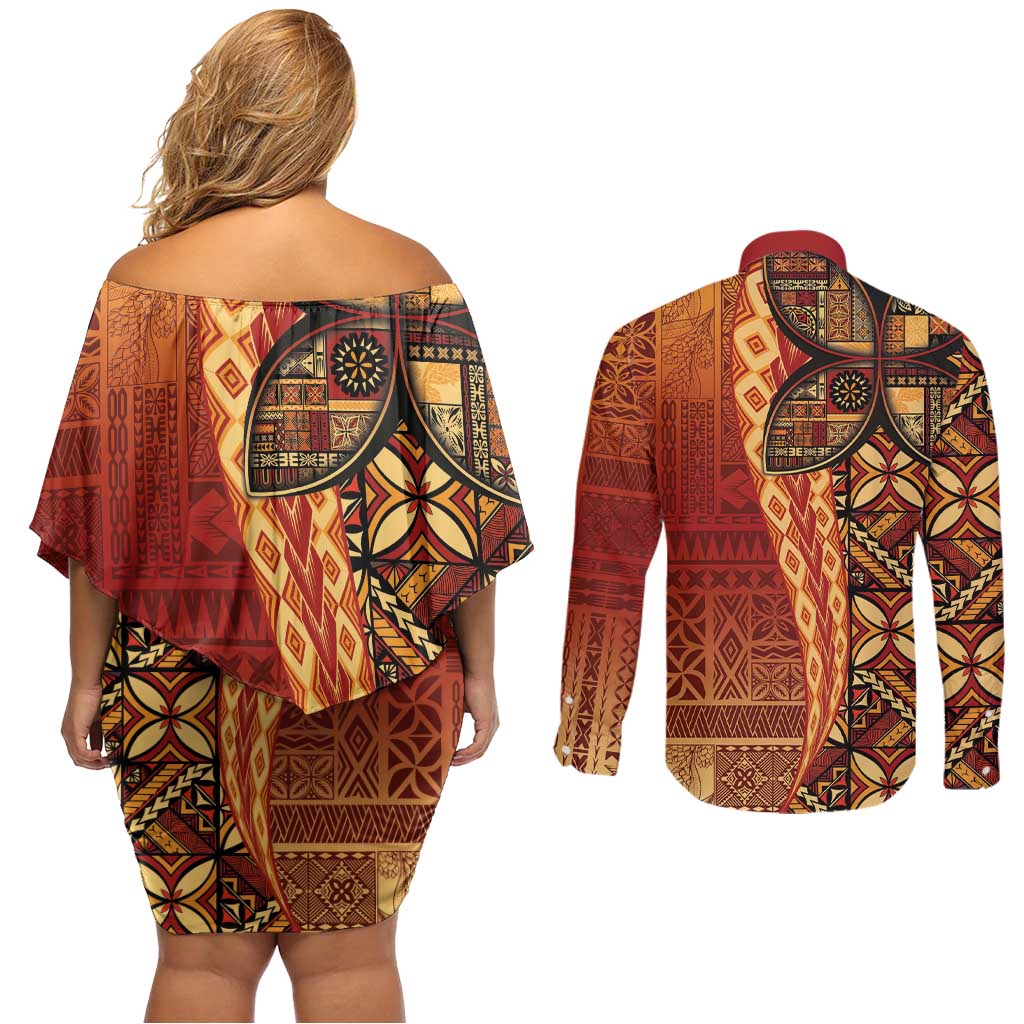 Samoan Pacific Tribal Flower Geometric Art Tattoos Couples Matching Off Shoulder Short Dress and Long Sleeve Button Shirt Siapo Pattern Flame Sunset - Polynesian Pride