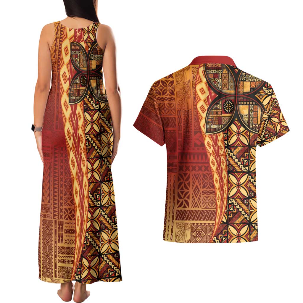 Samoan Pacific Tribal Flower Geometric Art Tattoos Couples Matching Tank Maxi Dress and Hawaiian Shirt Siapo Pattern Flame Sunset - Polynesian Pride