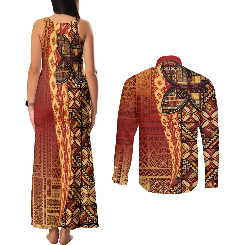 Samoan Pacific Tribal Flower Geometric Art Tattoos Couples Matching Tank Maxi Dress and Long Sleeve Button Shirt Siapo Pattern Flame Sunset - Polynesian Pride