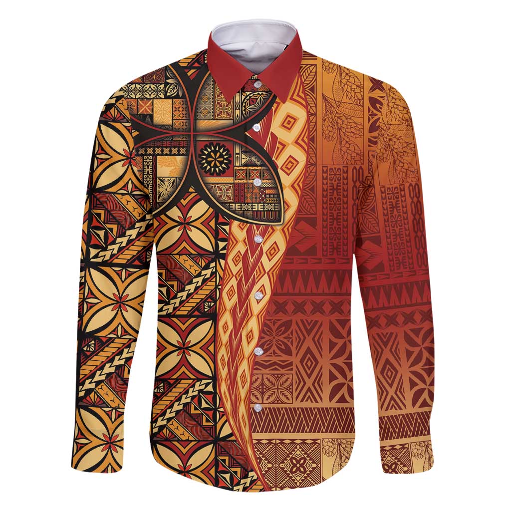 Samoan Pacific Tribal Flower Geometric Art Tattoos Family Matching Long Sleeve Bodycon Dress and Hawaiian Shirt Siapo Pattern Flame Sunset - Polynesian Pride