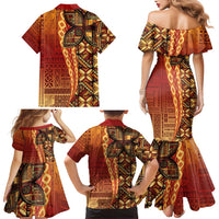 Samoan Pacific Tribal Flower Geometric Art Tattoos Family Matching Mermaid Dress and Hawaiian Shirt Siapo Pattern Flame Sunset - Polynesian Pride