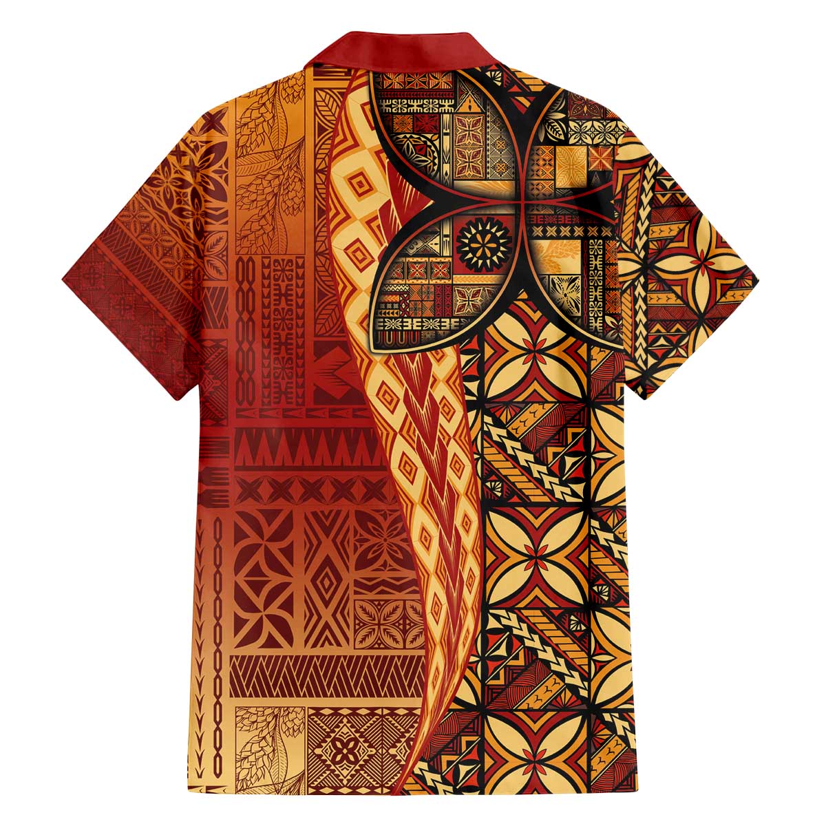 Samoan Pacific Tribal Flower Geometric Art Tattoos Family Matching Off The Shoulder Long Sleeve Dress and Hawaiian Shirt Siapo Pattern Flame Sunset - Polynesian Pride