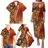 Samoan Pacific Tribal Flower Geometric Art Tattoos Family Matching Puletasi and Hawaiian Shirt Siapo Pattern Flame Sunset - Polynesian Pride