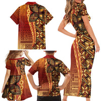 Samoan Pacific Tribal Flower Geometric Art Tattoos Family Matching Short Sleeve Bodycon Dress and Hawaiian Shirt Siapo Pattern Flame Sunset - Polynesian Pride