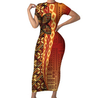 Samoan Pacific Tribal Flower Geometric Art Tattoos Family Matching Short Sleeve Bodycon Dress and Hawaiian Shirt Siapo Pattern Flame Sunset - Polynesian Pride
