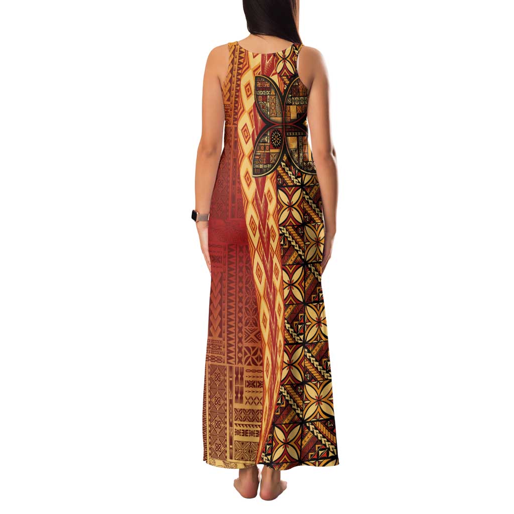 Samoan Pacific Tribal Flower Geometric Art Tattoos Family Matching Tank Maxi Dress and Hawaiian Shirt Siapo Pattern Flame Sunset - Polynesian Pride