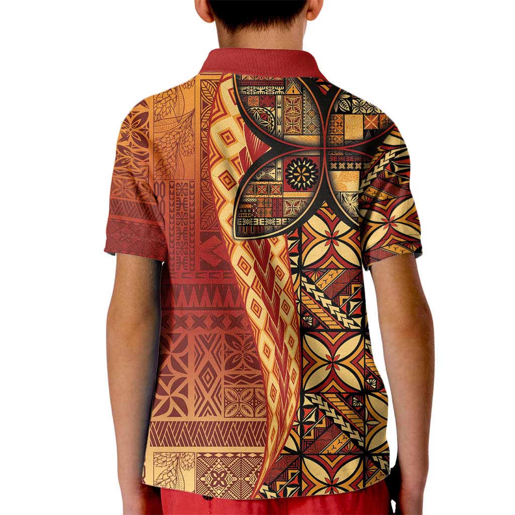Samoan Pacific Tribal Flower Geometric Art Tattoos Kid Polo Shirt Siapo Pattern Flame Sunset - Polynesian Pride