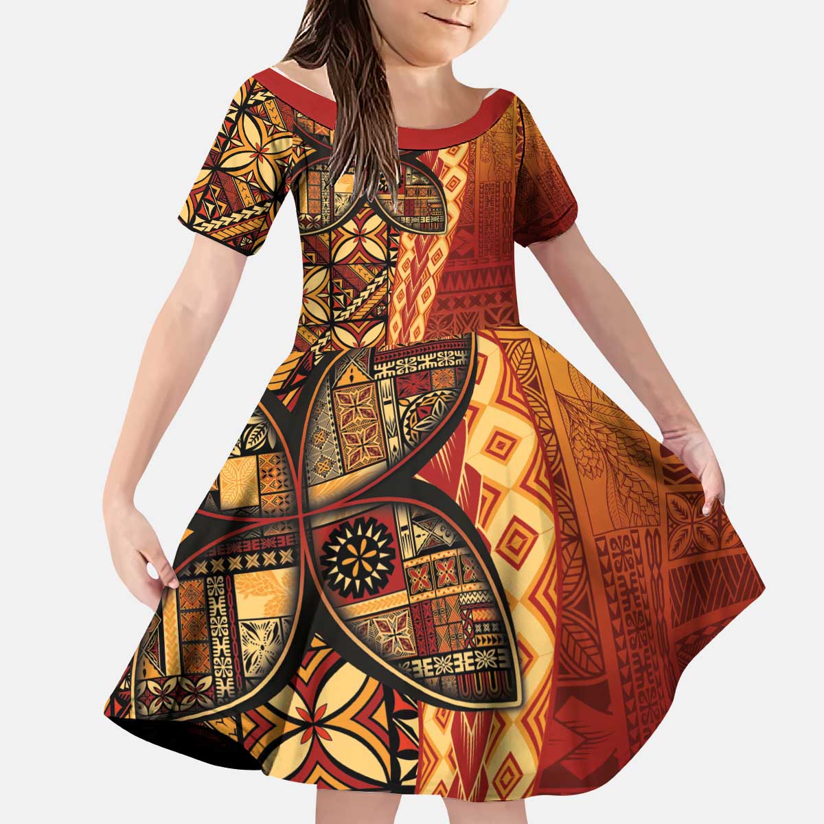 Samoan Pacific Tribal Flower Geometric Art Tattoos Kid Short Sleeve Dress Siapo Pattern Flame Sunset - Polynesian Pride